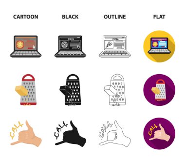 Yemek, telefonla, rendelenmiş peynir, bir yüz jest sipariş sipariş. Pizza ve pizza koleksiyonu Icons set çizgi film, siyah, anahat, düz stil vektör simge stok çizim web.