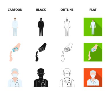 Doktor bir yüz maskesi, diş hekimi, sağlık personeli, şeker için bir kan testi. Çizgi film, siyah, anahat, düz stil vektör simge stok çizim web Medicineset koleksiyon simgeler.