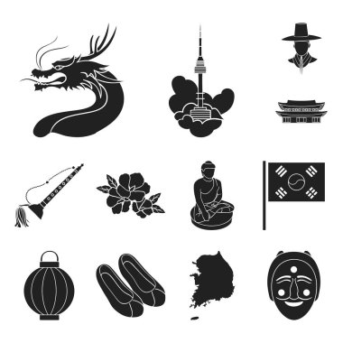 Ülkenin Güney Kore siyah set koleksiyonu tasarım için simgeler. Seyahat ve cazibe simge stok web illüstrasyon vektör.