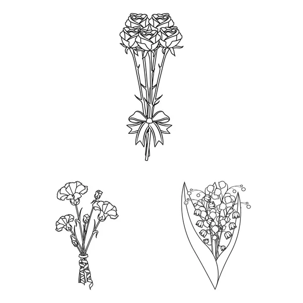 Taze çiçek bir buket set koleksiyonu tasarım için simgeleri anahat. Çeşitli buketleri sembol stok web illüstrasyon vektör. — Stok Vektör