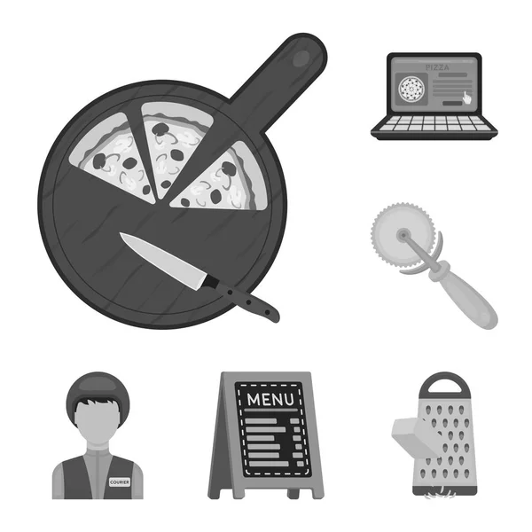 Pizza en pizzeria zwart-wit pictogrammen in set collectie voor design. Personeel en uitrusting symbool voorraad web vectorillustratie. — Stockvector
