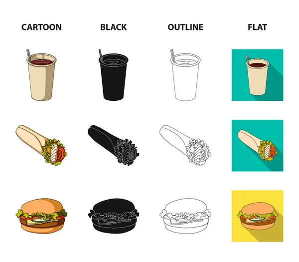 Hızlı, yemek, yemek ve diğer web simgesi çizgi film, siyah, anahat, stil düz. Krep, un, ürünleri, küme koleksiyon simgeler. — Stok Vektör