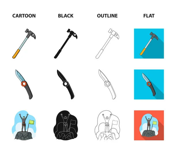 Bergsteiger auf bezwungenen Gipfel, Spule aus Seil, Messer, hammer.mountaineering Set Sammlung Symbole in Cartoon, schwarz, Umriss, flachen Stil Vektor Symbol Stock Illustration Web. — Stockvektor