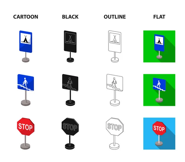 Diferentes tipos de señales de tráfico de dibujos animados, negro, contorno, iconos planos en la colección de conjuntos para el diseño. Advertencia y prohibición signos vector símbolo stock web ilustración . — Vector de stock