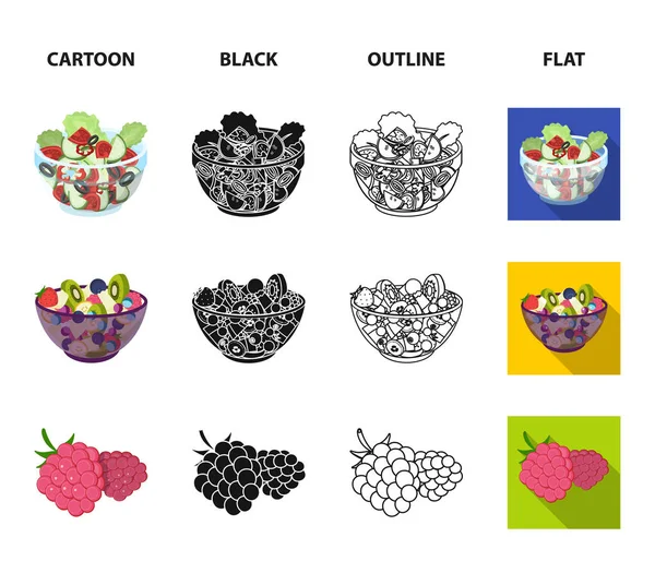 Frutas, ensalada de verduras y otros tipos de alimentos. Alimentos conjunto colección iconos en dibujos animados, negro, contorno, plano estilo vector símbolo stock ilustración web . — Archivo Imágenes Vectoriales