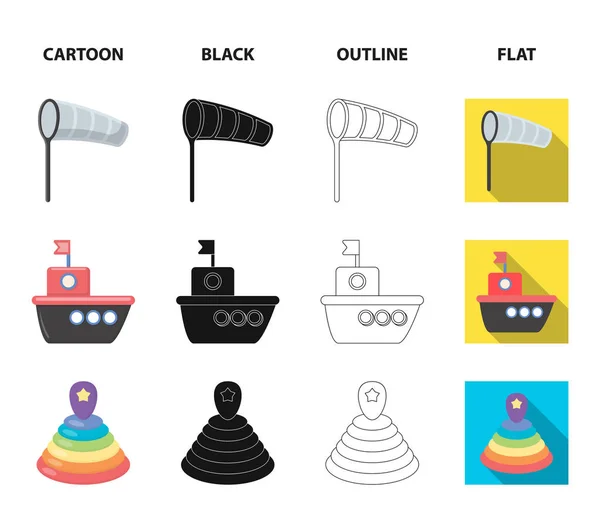 Niños juguete de dibujos animados, negro, contorno, iconos planos en la colección de conjuntos para el diseño. Juego y bauble vector símbolo stock web ilustración . — Vector de stock