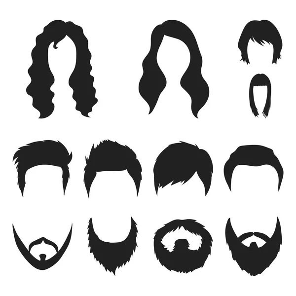 Wąsy i broda, fryzury czarne ikony w kolekcja zestaw do projektowania. Fryzury stylowe wektorowego symbol zasobów sieci web. — Wektor stockowy