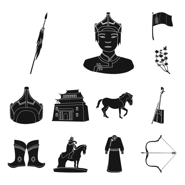 Land Mongolië zwarte pictogrammen in set collectie voor design. Grondgebied en mijlpaal symbool voorraad web vectorillustratie. — Stockvector