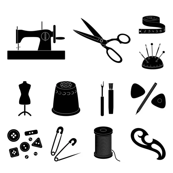 Costura, atelier iconos negros en la colección de conjuntos para el diseño. Kit de herramientas vector símbolo stock web ilustración . — Archivo Imágenes Vectoriales