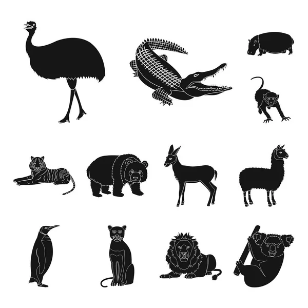 Verschiedene Tiere schwarze Symbole in Set-Kollektion für Design. Vogel, Raubtier und Pflanzenfresser Vektor Symbol Stock Web Illustration. — Stockvektor