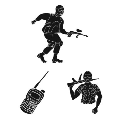 Paintball takım set koleksiyonu tasarım için oyun siyah simgeler. Ekipman ve kıyafet sembol stok web illüstrasyon vektör.