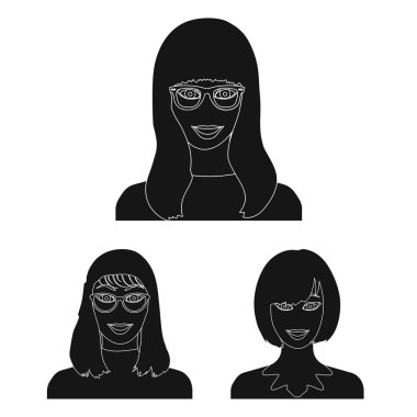 Set koleksiyonu tasarım için simgeler siyah avatar ve yüz. Bir kişi görünümü vektör simge stok web çizim.