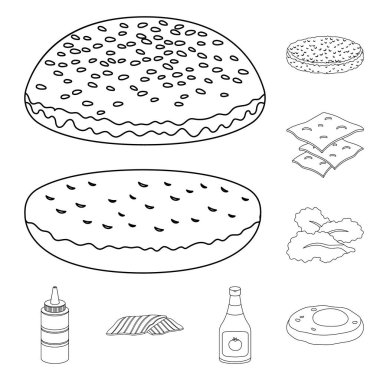 Burger ve malzemeler set koleksiyonu tasarım için simgeleri anahat. Vektör simge stok web illüstrasyon pişirme Burger.