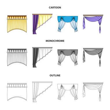 Pencere perdeleri farklı türleri. Perdeleri koleksiyonu Icons set çizgi film, anahat, tek renkli stil vektör simge stok çizim web.