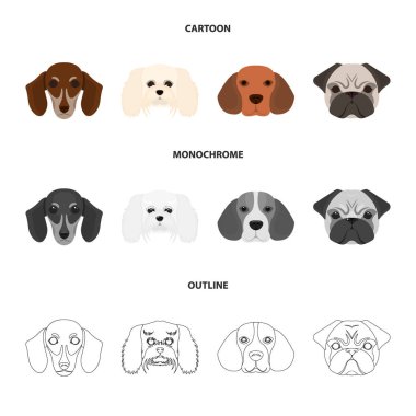 Farklı doğurmak-in köpek ağızlık. Dachshund, fino, beagle, pug cinsi köpek toplama Icons set çizgi film, anahat, tek renkli stil vektör simge stok çizim web.