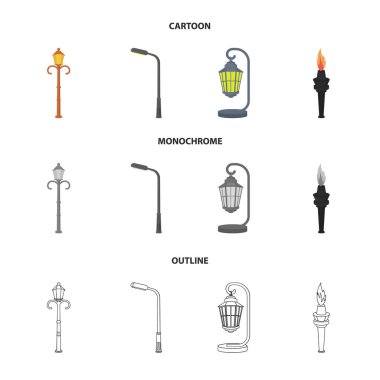 Retro tarzı, modern fener, meşale ve diğer tip-in sokak sokak lâmbası direği. Elektrik direği koleksiyonu Icons set çizgi film, anahat, tek renkli stil vektör simge stok çizim web.