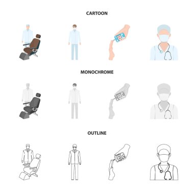 Doktor bir yüz maskesi, diş hekimi, sağlık personeli, şeker için bir kan testi. Medicineset toplama simgeler karikatür, anahat, tek renkli stil vektör simge stok çizim web.