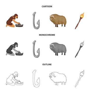 Sığır, yakalamak, kanca, Balık tutma. Taş devri koleksiyonu Icons set çizgi film, anahat, tek renkli stil vektör simge stok çizim web.