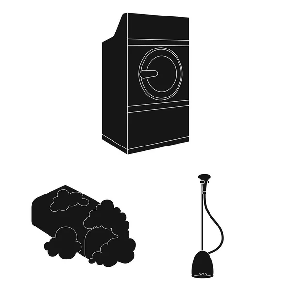 Equipamento de limpeza a seco ícones pretos na coleção de conjuntos para design. Roupa de lavar e passar roupa símbolo vetorial ilustração web . — Vetor de Stock