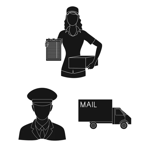 Iconos de correo y cartero negro en la colección de conjuntos para el diseño. Correo y equipo vector símbolo stock web ilustración . — Vector de stock