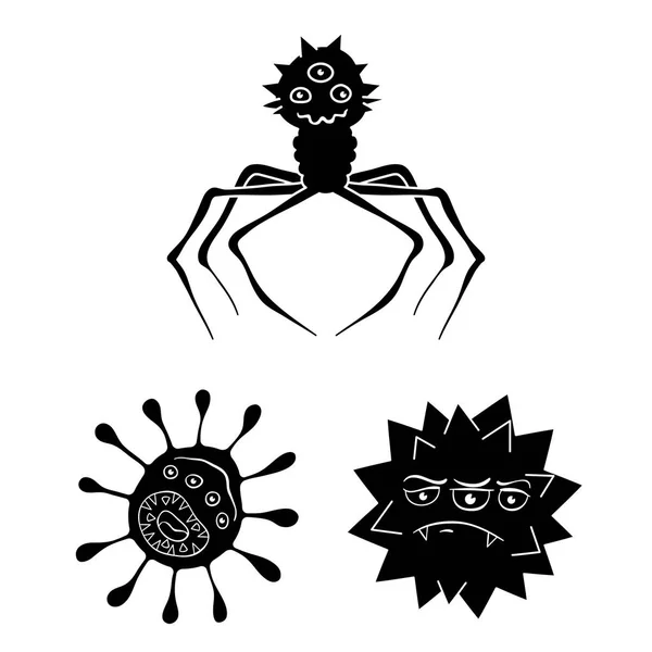 Смешные микробы черные в коллекциях дизайнеров. Патогенные векторные символы микробов на веб-иллюстрации . — стоковый вектор