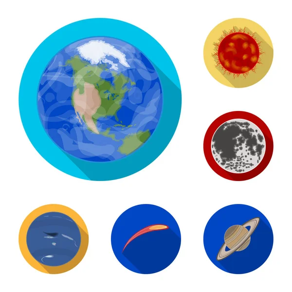 Planetas del sistema solar iconos planos en la colección de conjuntos para el diseño. Cosmos y astronomía vector símbolo stock web ilustración . — Vector de stock