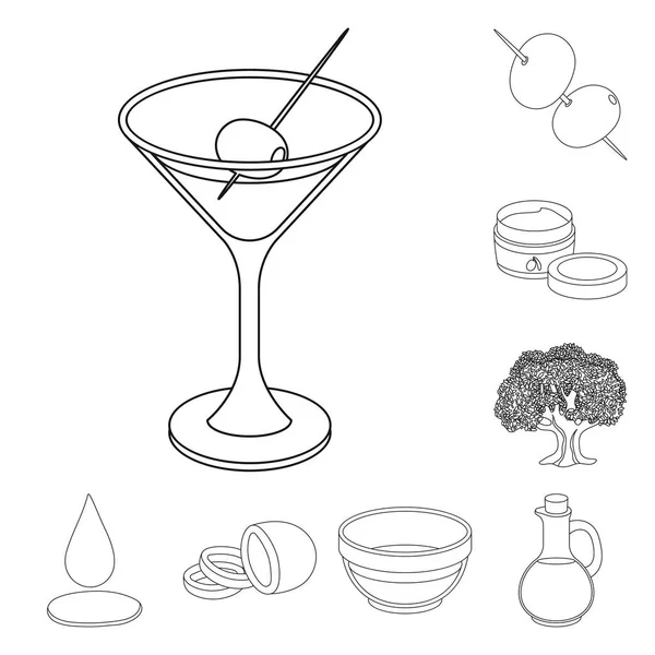 Oliwa z oliwek, jedzenie kontur ikony w kolekcja zestaw do projektowania. Oliwa z oliwek, przyprawy ilustracji wektorowych symboli zasobów sieci web. — Wektor stockowy