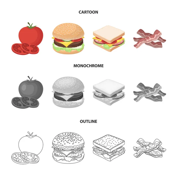 Burger ve malzemelerle çizgi film, anahat, set koleksiyonu tasarım için tek renkli simgeler. Vektör simge stok web illüstrasyon Pişirme Burger. — Stok Vektör