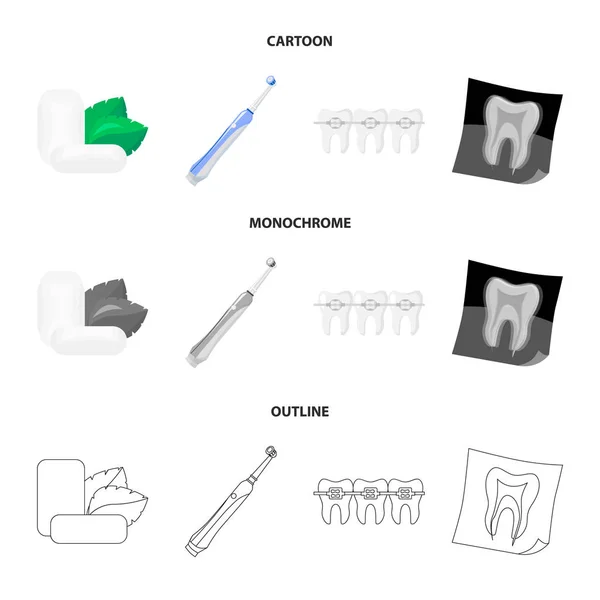 薄荷叶口香糖, 用刚毛牙刷, bregettes, 牙齿 X 光。牙科护理集合图标在卡通, 轮廓, 单色矢量符号股票 — 图库矢量图片