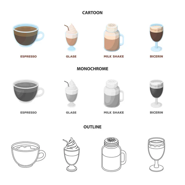 Esprecco, glase, milk shake, bicérine.Différents types d'icônes de collection de coffret de café en dessin animé, contour, symbole vectoriel de style monochrome illustration web . — Image vectorielle