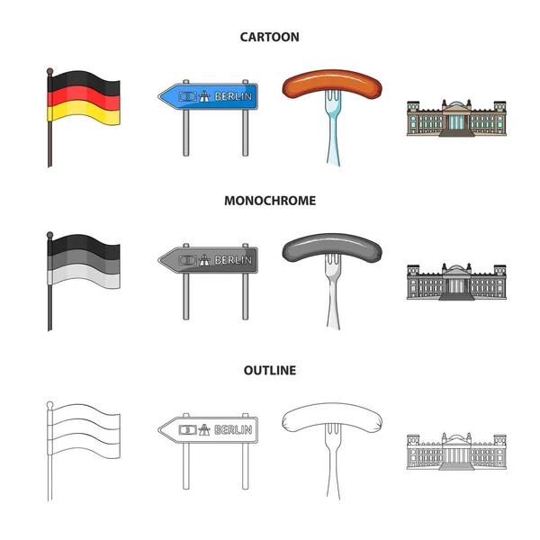 Pays Allemagne dessin animé, contour, icônes monochromes dans la collection set pour le design. Allemagne et symbole vectoriel emblématique stock web illustration . — Image vectorielle