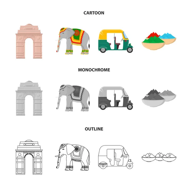 印度乡村卡通, 轮廓, 单色图标在集合中进行设计。印度和地标矢量符号股票网页插图. — 图库矢量图片