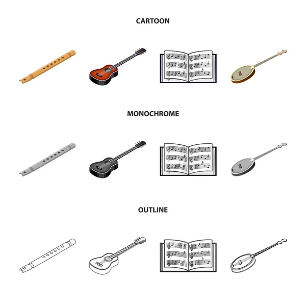 Musikinstrument Cartoon, Umriss, monochrome Symbole in Set Sammlung für Design. Saiten- und Blasinstrument isometrisches Vektor-Symbol Stock Web Illustration. — Stockvektor