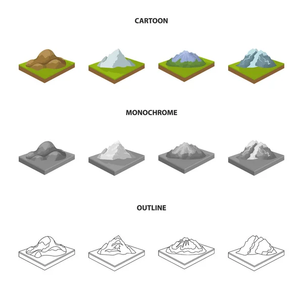 Góry, skały i krajobraz. Ulgi i góry zestaw kolekcja ikony kreskówka, konspekt, www ilustracji symbol vector izometryczny styl monochromatyczny. — Wektor stockowy
