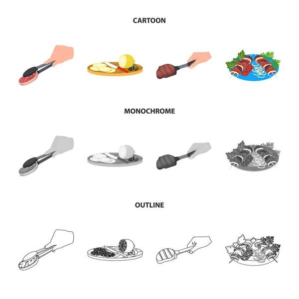 Pinzas con bistec, carne frita en una cucharada, rodajas de limón y aceitunas, shish kebab en un plato con verduras. Comida y cocina conjunto de iconos de la colección en dibujos animados, contorno, el estilo monocromo vector símbolo de stock — Vector de stock