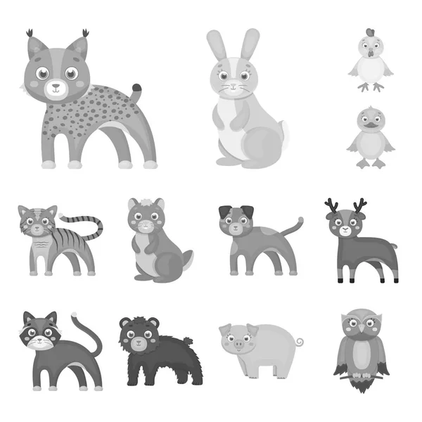 Игрушечные животные монохромные иконы в наборе коллекции для дизайна. Иллюстрация векторных символов птиц, хищников и травоядных животных . — стоковый вектор