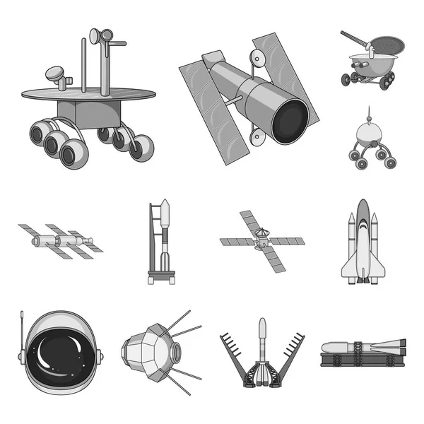 Монохромные иконки космической техники в коллекции наборов для дизайна.Космические аппараты и векторные символы оборудования . — стоковый вектор