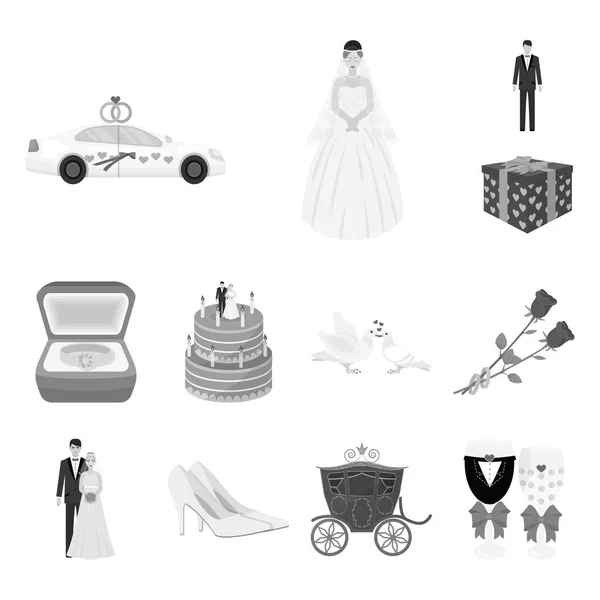 Düğün ve öznitelikler tek renkli simgeler set koleksiyonu tasarım için. Sembol stok web illüstrasyon vektör yeni evliler ve aksesuarları. — Stok Vektör