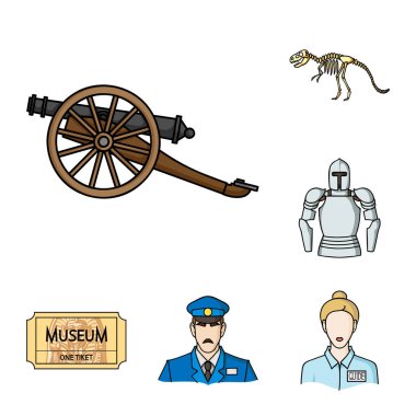 Set koleksiyonu tasarım için müze ve Galeri karikatür simgeler. Depolama ve serginin görülmeye değer parça sembol stok web illüstrasyon vektör.