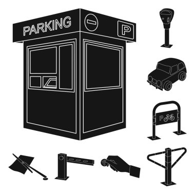 Arabalar için set koleksiyonu tasarım için siyah simgeler otopark. Ekipman ve hizmet vektör simgesi web illüstrasyon stok.