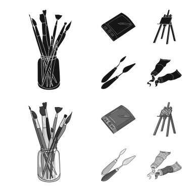 Fırçalar, bir çizim kurulu, bir tuval, boya bıçak ile bir şövale bankayla. Sanatçı ve çizim set simgeler siyah, monochrom stil vektör simge stok çizim web içinde.