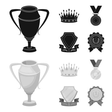 Gümüş bir kupa ile elmas, bir madalyası ödüllü, altın bir işareti kırmızı kurdele ile altın bir taç. Ödülleri ve kupa toplama simgeler siyah, monochrom stil vektör simge stok çizim web ayarla.
