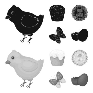 Paskalya kek, tavuk, kelebek ve tebrik oturum açın. Paskalya toplama simgeler siyah, monochrom stil vektör simge stok çizim web içinde ayarla..