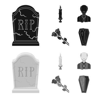 Bir yazıt, yas mum, bir papaz, rahip, gül yas ile bir granit mezar taşı. Cenaze töreni toplama simgeler siyah, monochrom stil vektör simge stok çizim web içinde ayarla..
