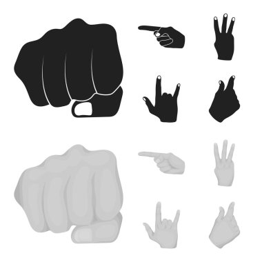 Kapalı yumruk, dizin ve diğer hareketleri. El hareketleri toplama simgeler siyah, monochrom stil vektör simge stok çizim web içinde ayarla..