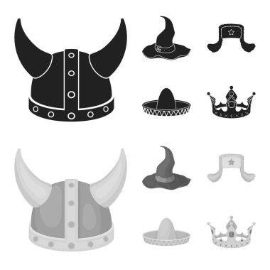 Sombrero şapkasıyla kulak-flep, Viking kask. Şapka toplama simgeler siyah, monochrom stil vektör simge stok çizim web içinde ayarla..