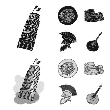 Pisa Kulesi, makarna, coliseum, çöl kaplanı kask. İtalya ülke toplama simgeler siyah, monochrom stil vektör simge stok çizim web içinde ayarla..