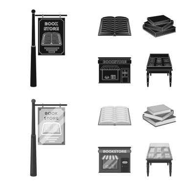 Bir tabela, bir kitapçı, kitapların bir yığınına, açık bir kitap. Bir kütüphane ve bir kitapçı toplama simgeler siyah, monochrom stil vektör simge stok çizim web ayarla.