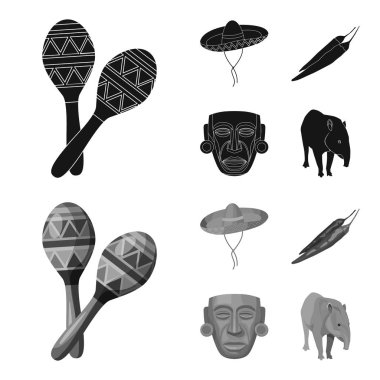 Marakas ulusal müzik aleti, sambrero geleneksel Meksika headdress, kırmızı biber, acı, Idol-Tanrı. Meksika ülke toplama simgeler siyah, monochrom stil vektör simge stok ayarla.
