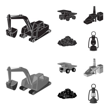 Ekskavatör, Damper, işleme tesisi, mineraller ve cevheri. Toplama simgeler siyah, monochrom stil vektör simge stok çizim web içinde set madencilik sanayi.